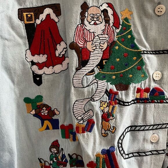 Vintage Karen Scott Santa Train Embroidered Chambray Button Down Shirt sz XL - Picture 6 of 7